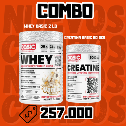 🔥WHEY BASIC 2 LB+CREATINA MONOHIDRATADA MICRONIZADA BASIC 60 SERV🔥