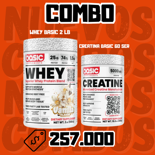 🔥WHEY BASIC 2 LB+CREATINA MONOHIDRATADA MICRONIZADA BASIC 60 SERV🔥